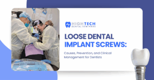 Dentists performing implant surgery with graphic text about loose dental implant screws causes and prevention at High Tech Dental Seminars.