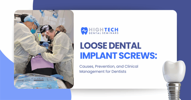 Dentists performing implant surgery with graphic text about loose dental implant screws causes and prevention at High Tech Dental Seminars.