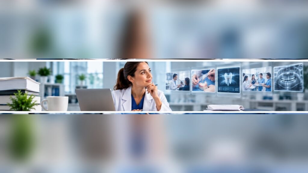 Dentist at a laptop considering dental CE course options shown as panels of hands-on and lecture training
