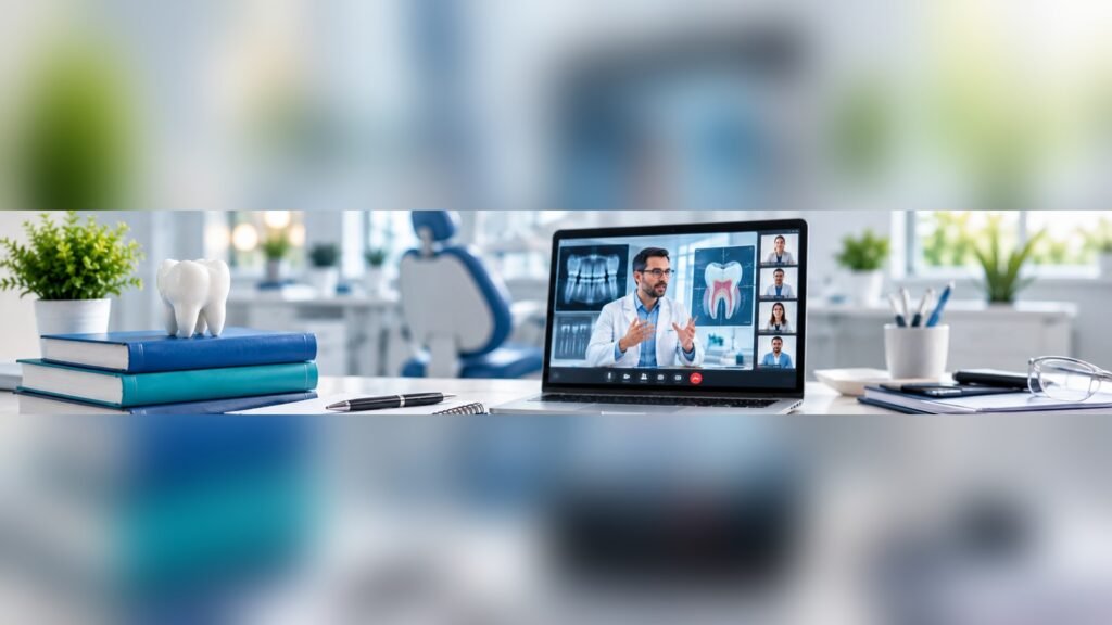 Laptop showing a live online dental lecture with x-rays and tooth diagrams beside a tooth model and books